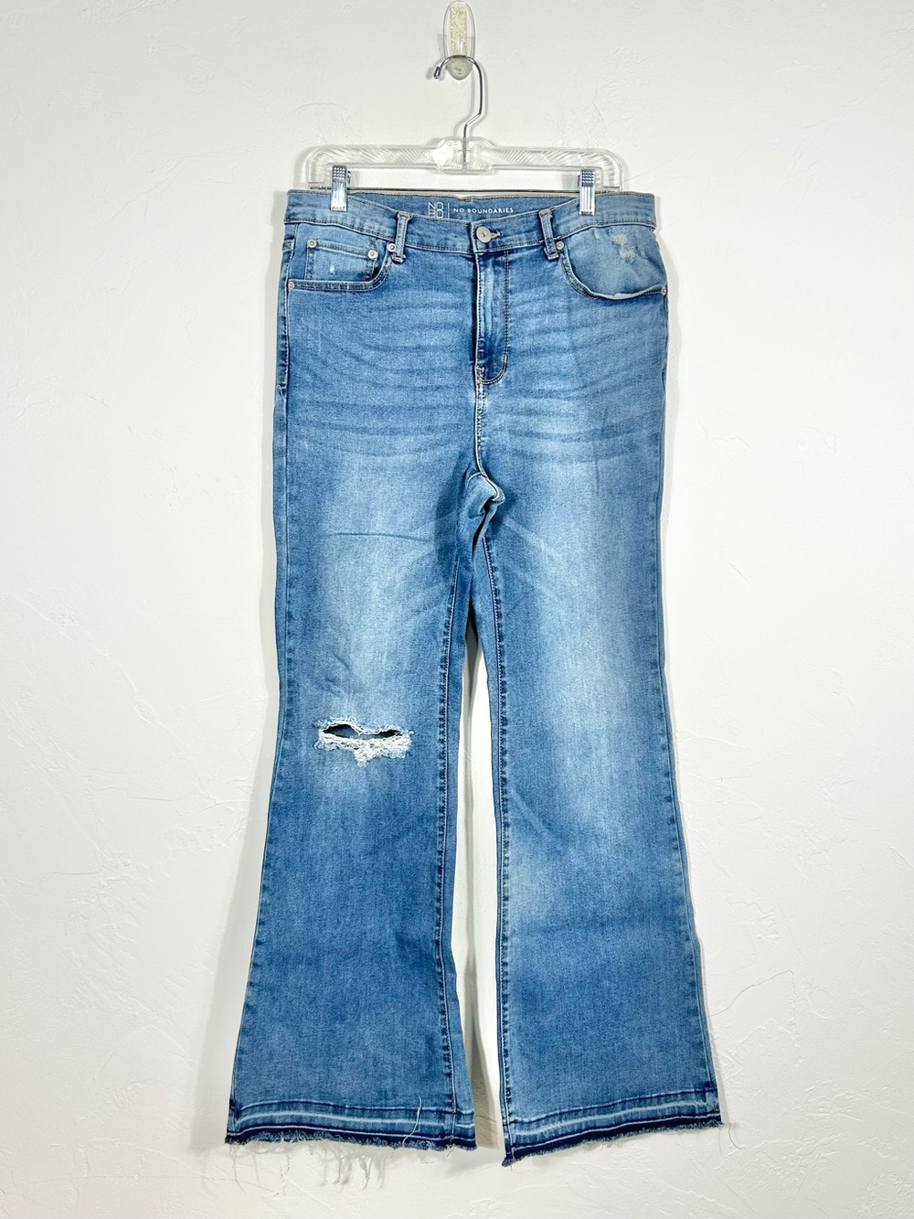 No Boundaries Blue Distressed Flare Jeans Raw Hem High Rise Boho